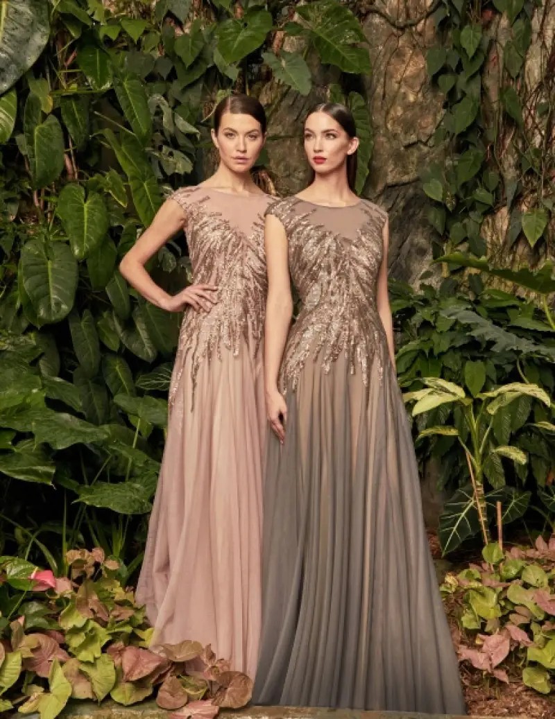 Model wearing a gray gown